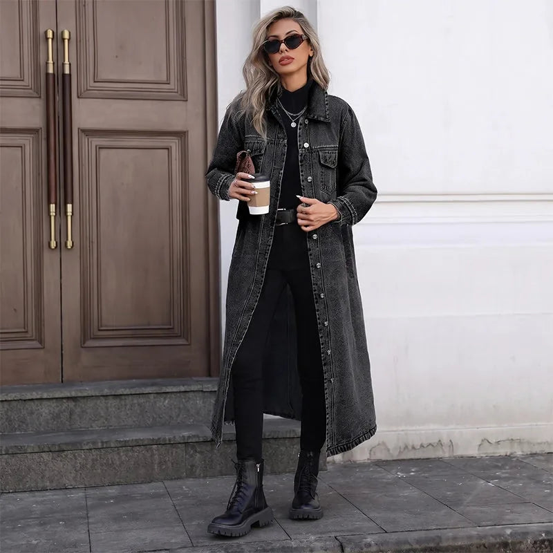 Women’s Longline Button-Front Denim Coat