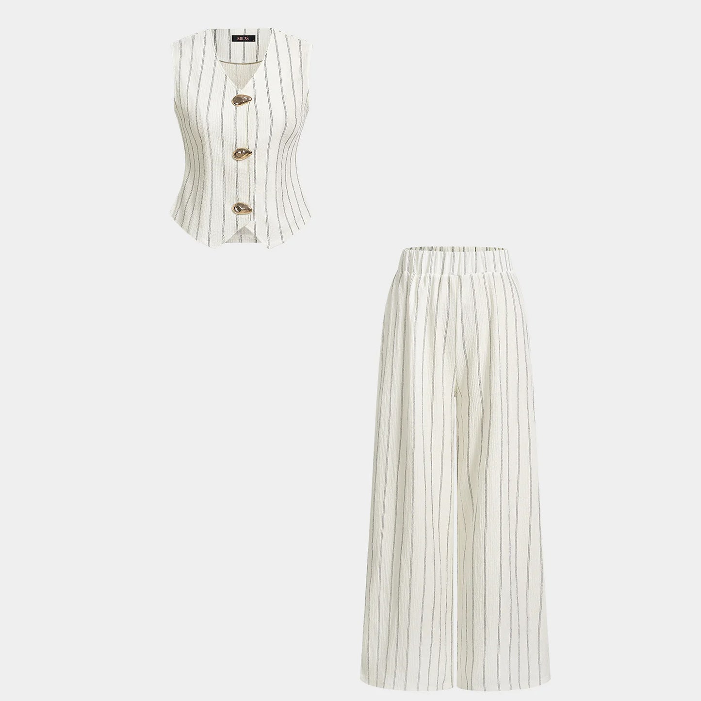 Stripes Print V-Neck Button Vest And Straight Leg Pants Set