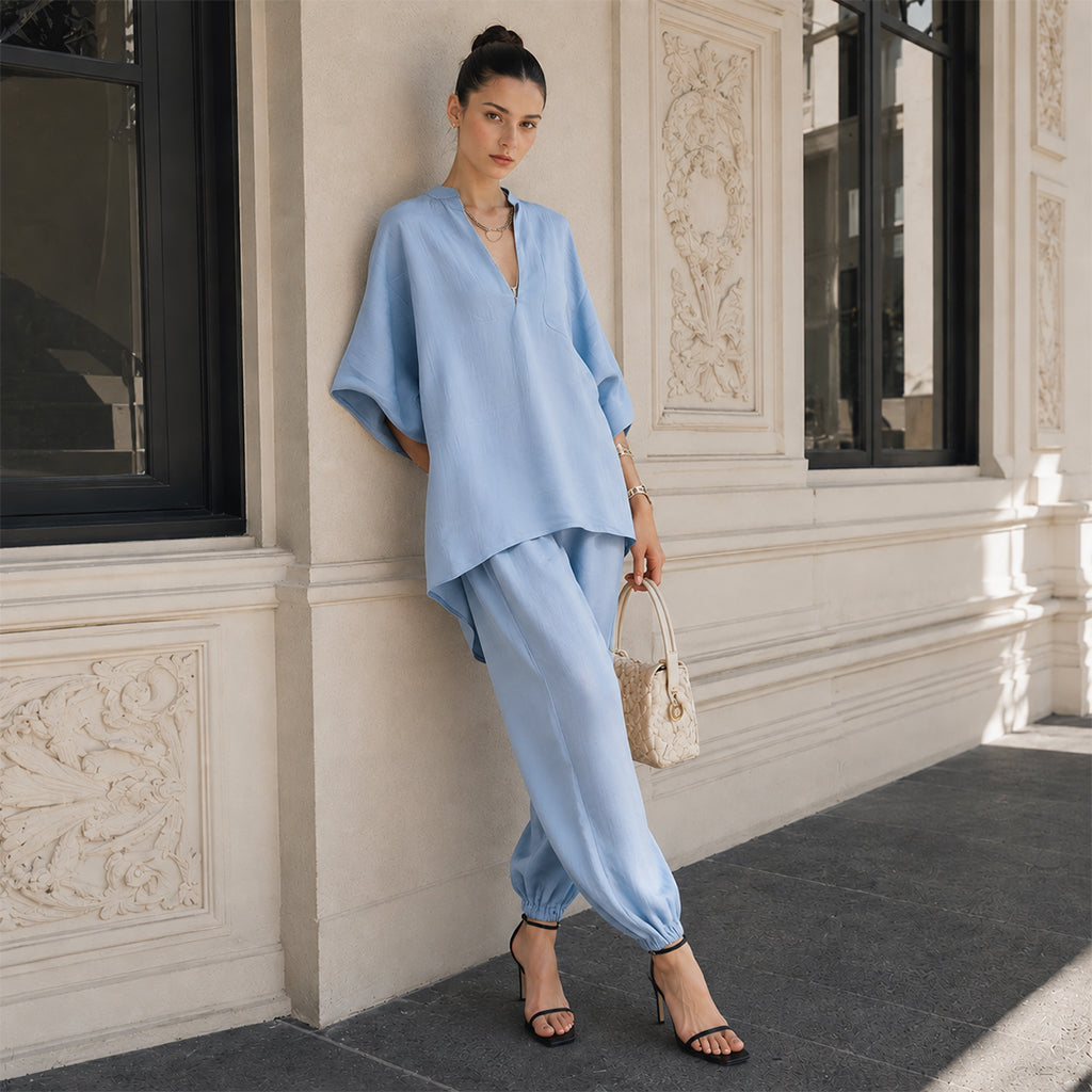 Women's Loose Cotton Linen Set, Asymmetric Hem & Minimalist Style