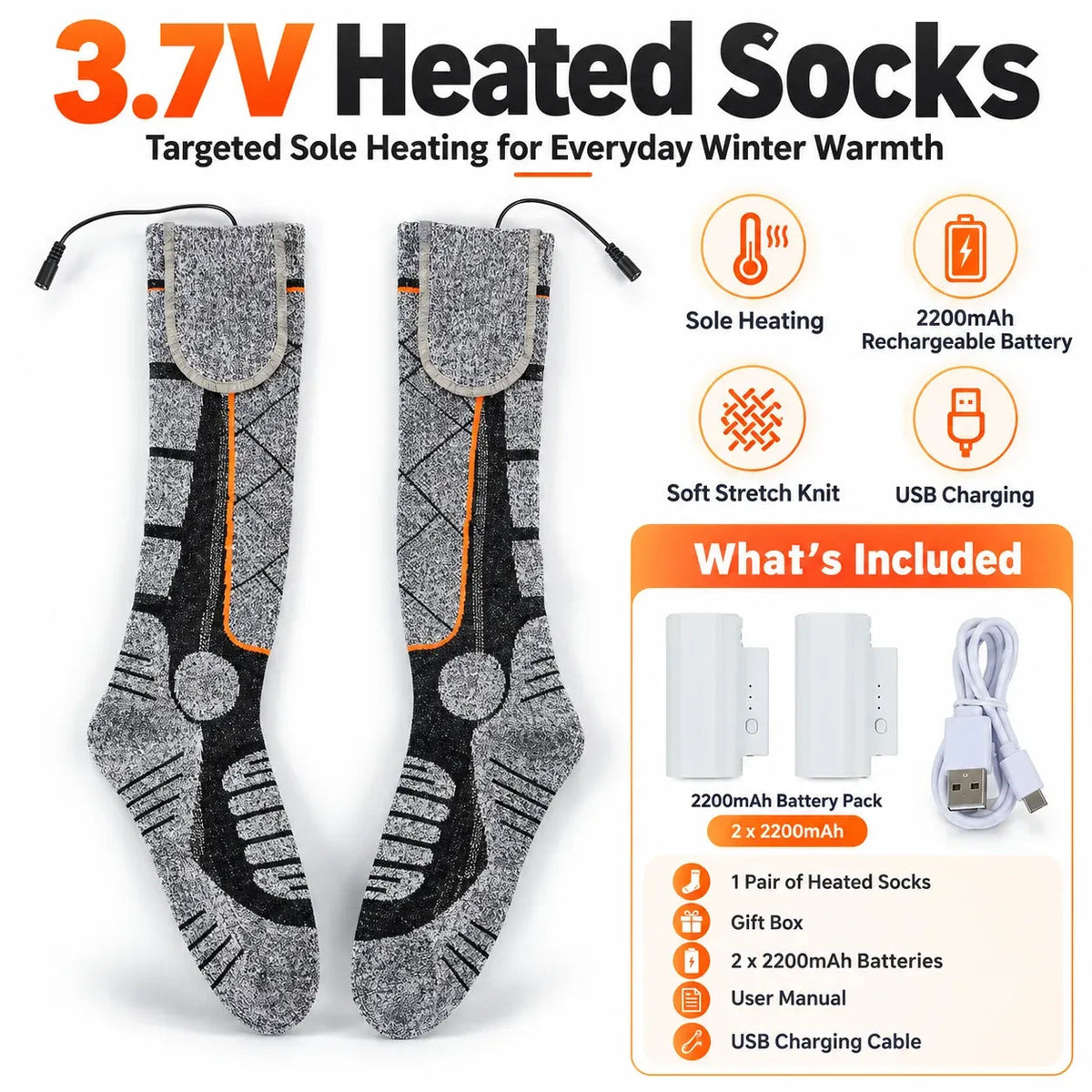 Rechargeable Heated Knee-High Socks with Listed Battery Pack