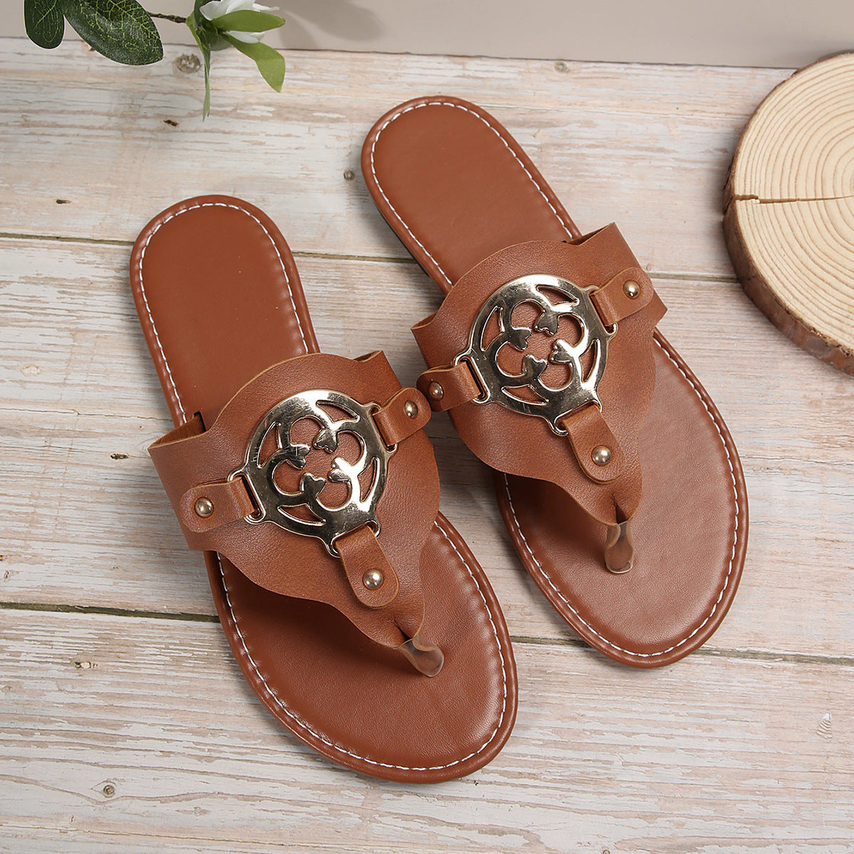 Metal Buckle Open Toe Slip-On Flat Sandals for Beach