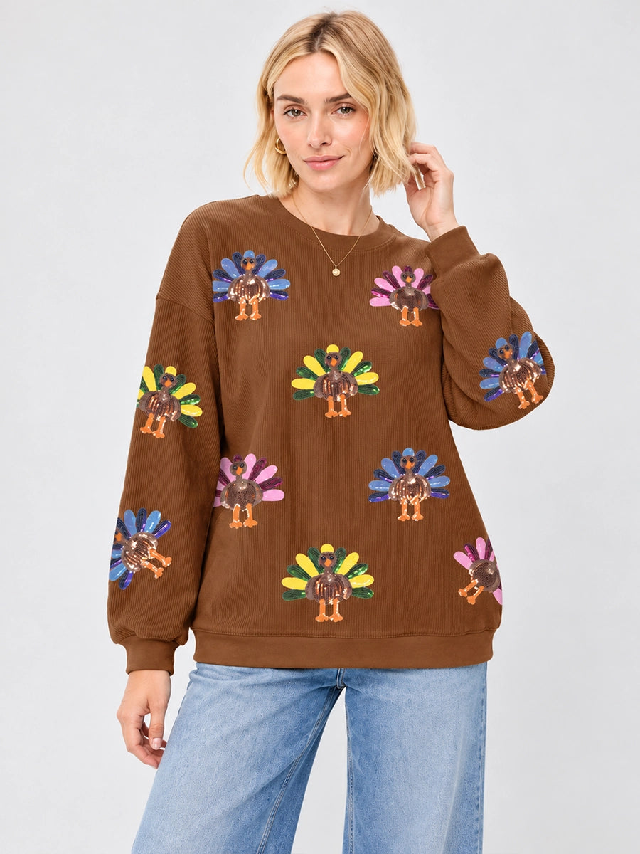 Sequin Turkey Graphic Ribbed Sweatshirt