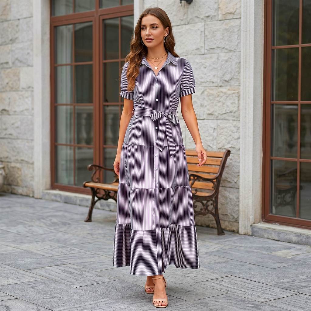 Striped Tie Waist Ruffle Maxi Shirt Dress