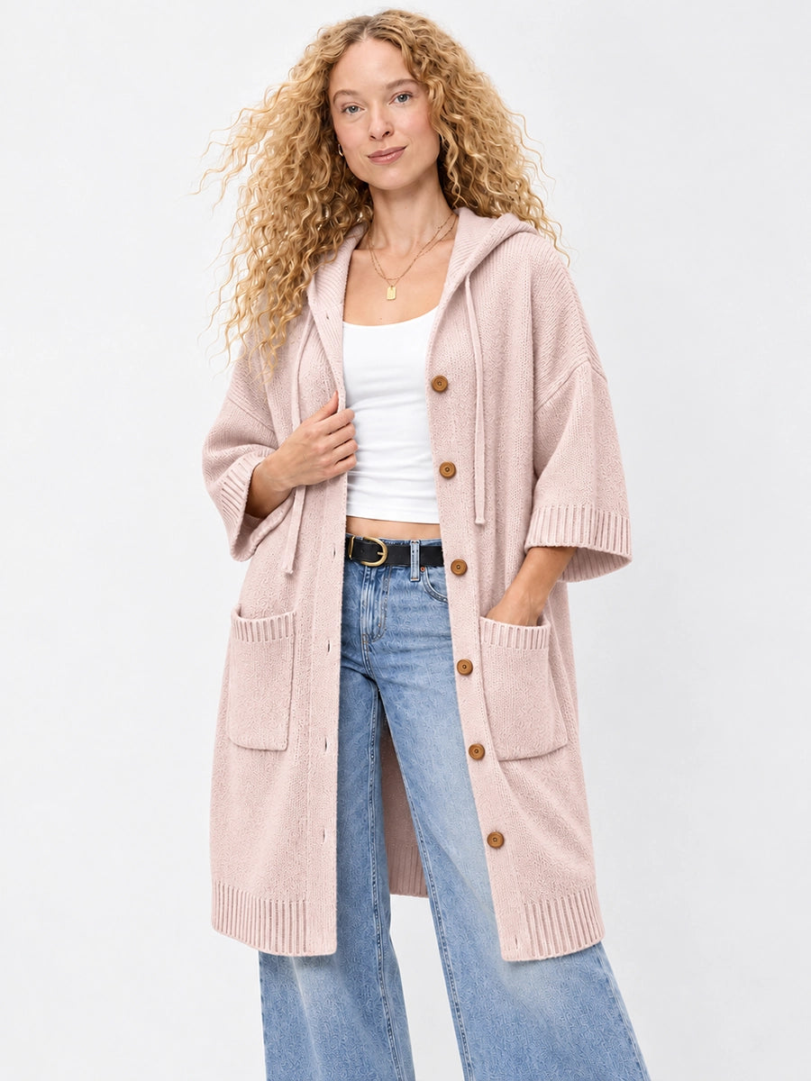 Long Hooded Button-Front Knit Cardigan with Pockets