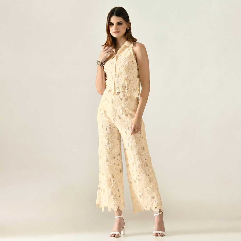 Hollow V-Neck Off Shoulder Embroidered Two Piece Set