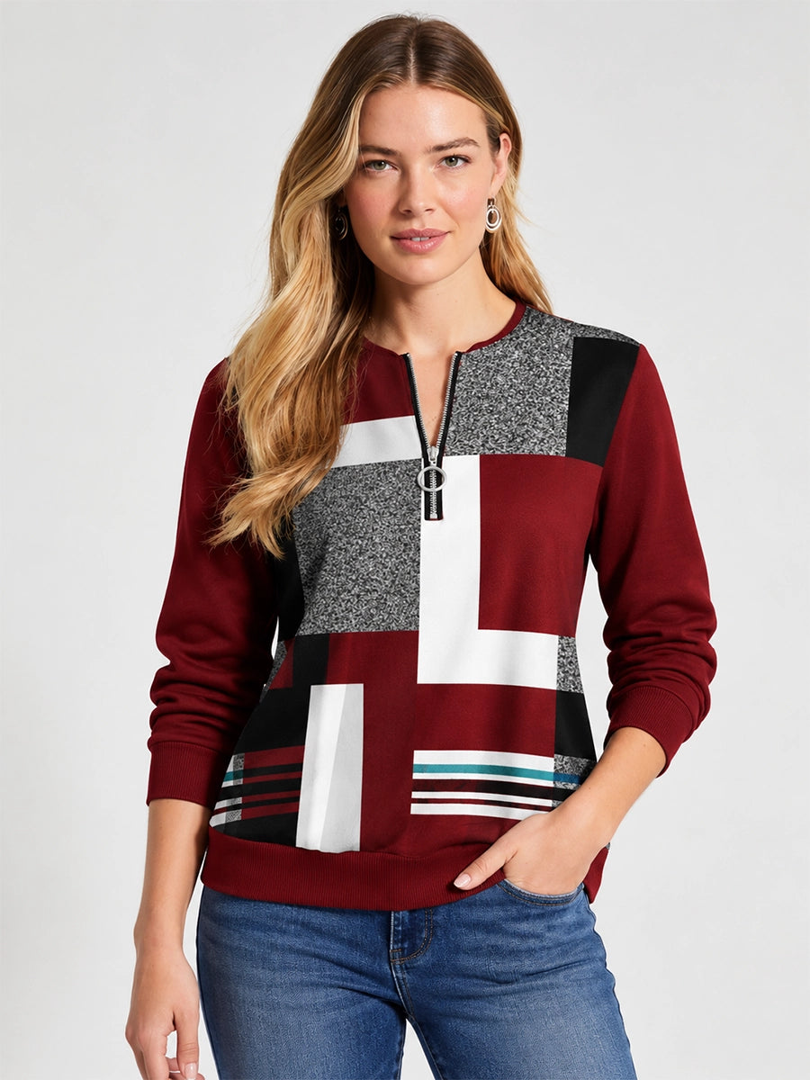 Color-Block Zip-Neck Knit Sweater for Casual Layering
