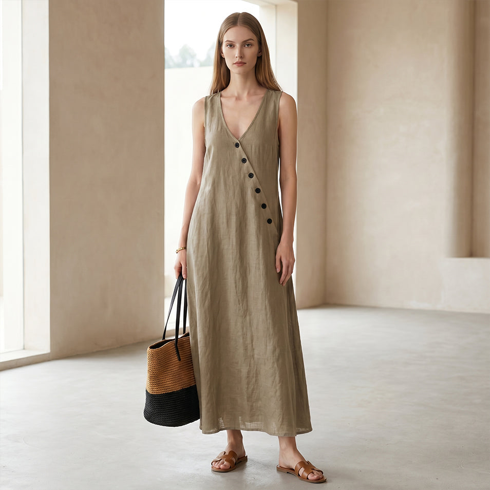 Oblique Button Sleeveless Dress