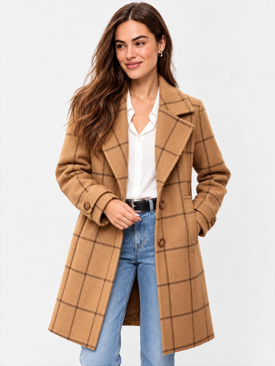 Women’s Plaid-Look Long Coat for Cool-Weather Outfits