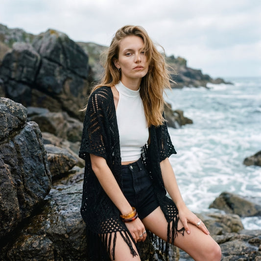 Fishnet Hollow Knit Fringe Cardigan