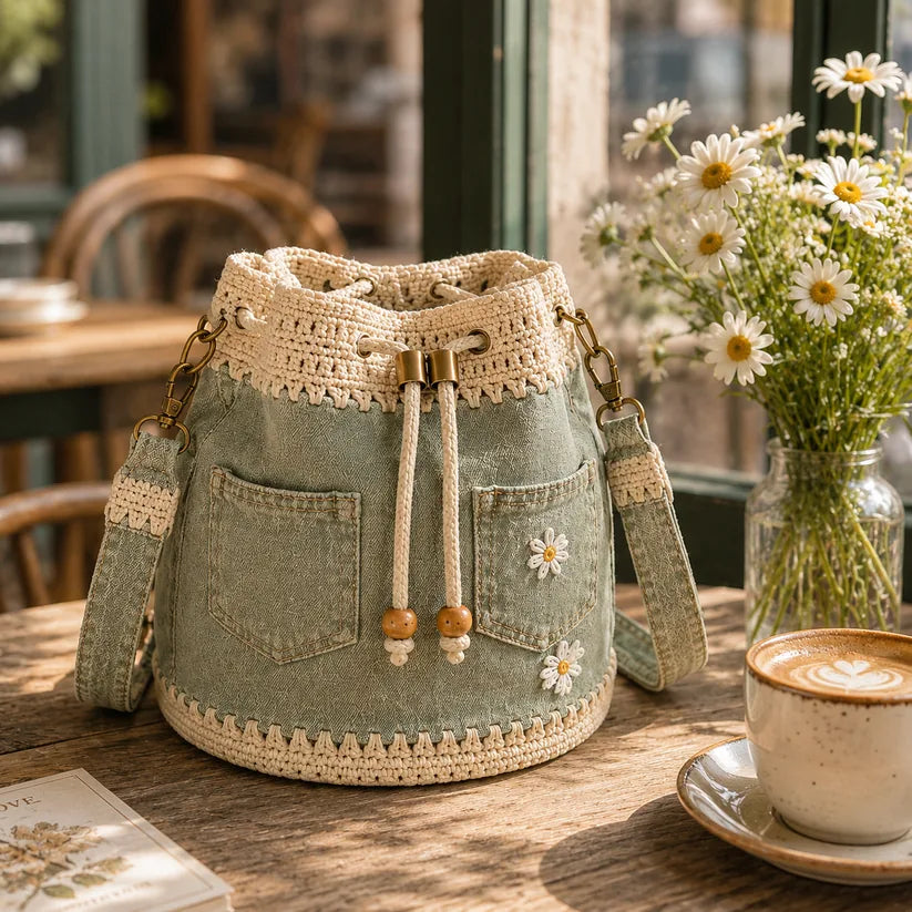 Denim Crochet Daisy Drawstring Bucket Bag – product detail 2