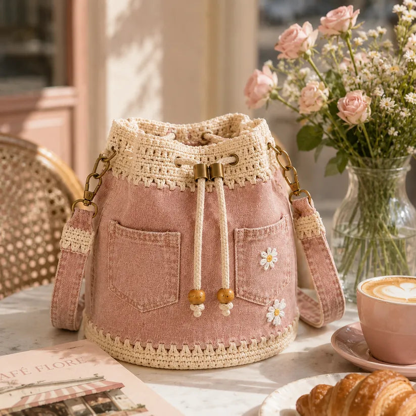 Denim Crochet Daisy Drawstring Bucket Bag – product detail 3