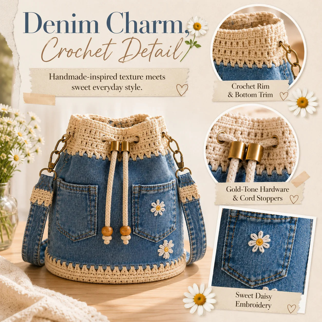 Denim Crochet Daisy Drawstring Bucket Bag – product detail 4