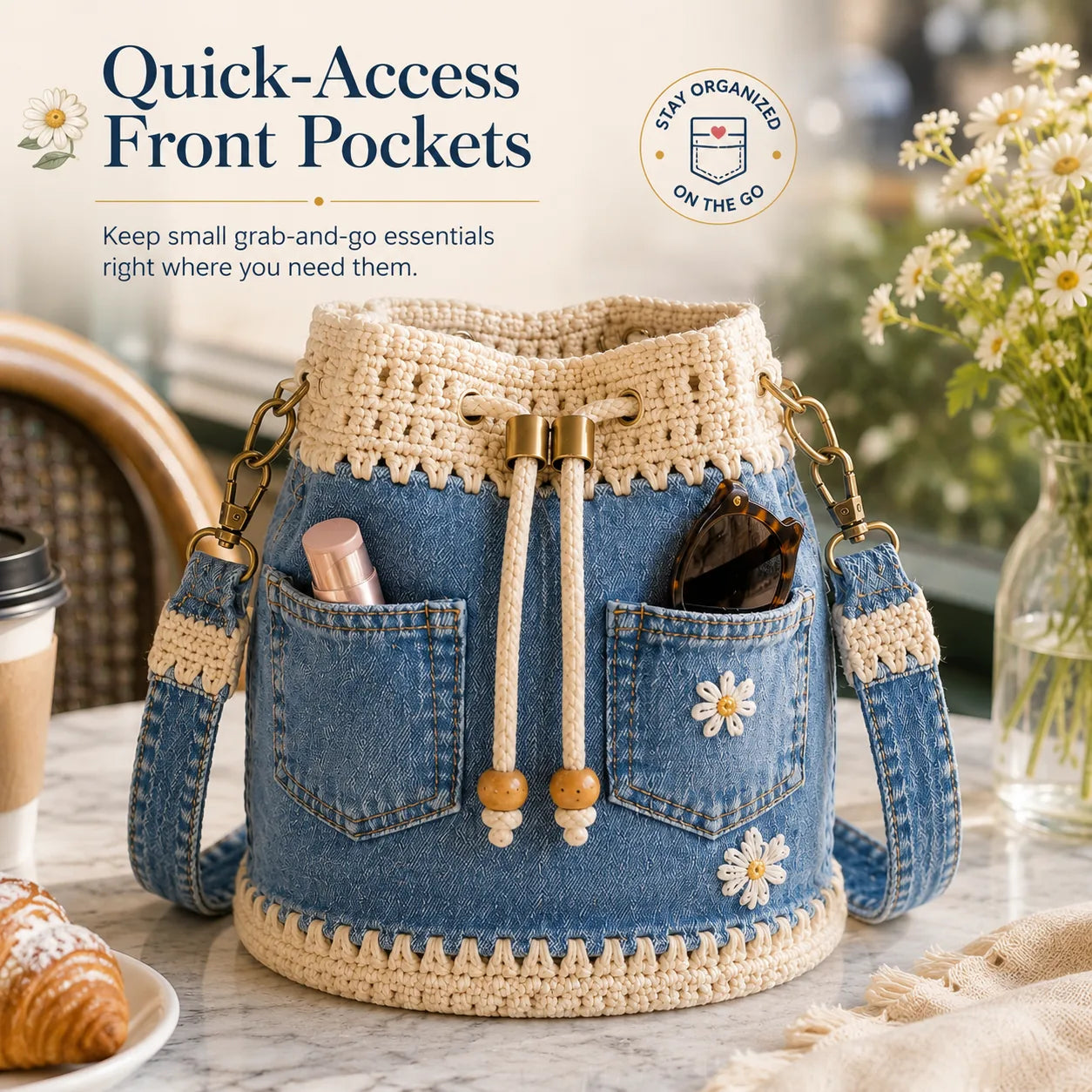 Denim Crochet Daisy Drawstring Bucket Bag – product detail 5