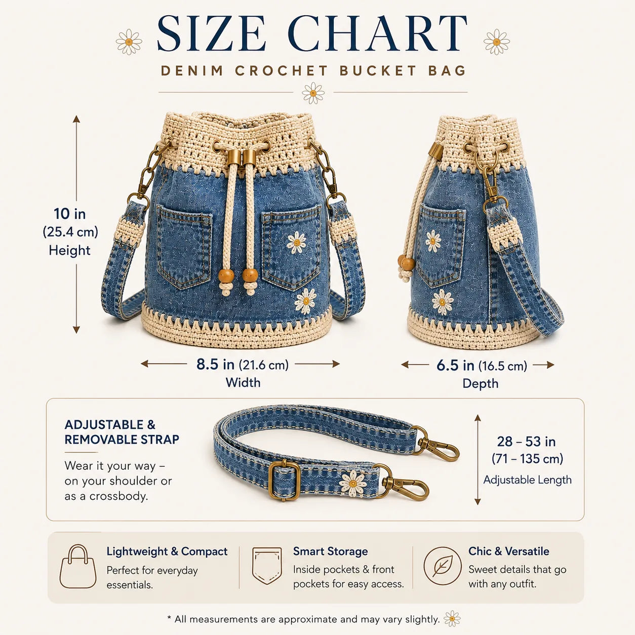Denim Crochet Daisy Drawstring Bucket Bag – product detail 6