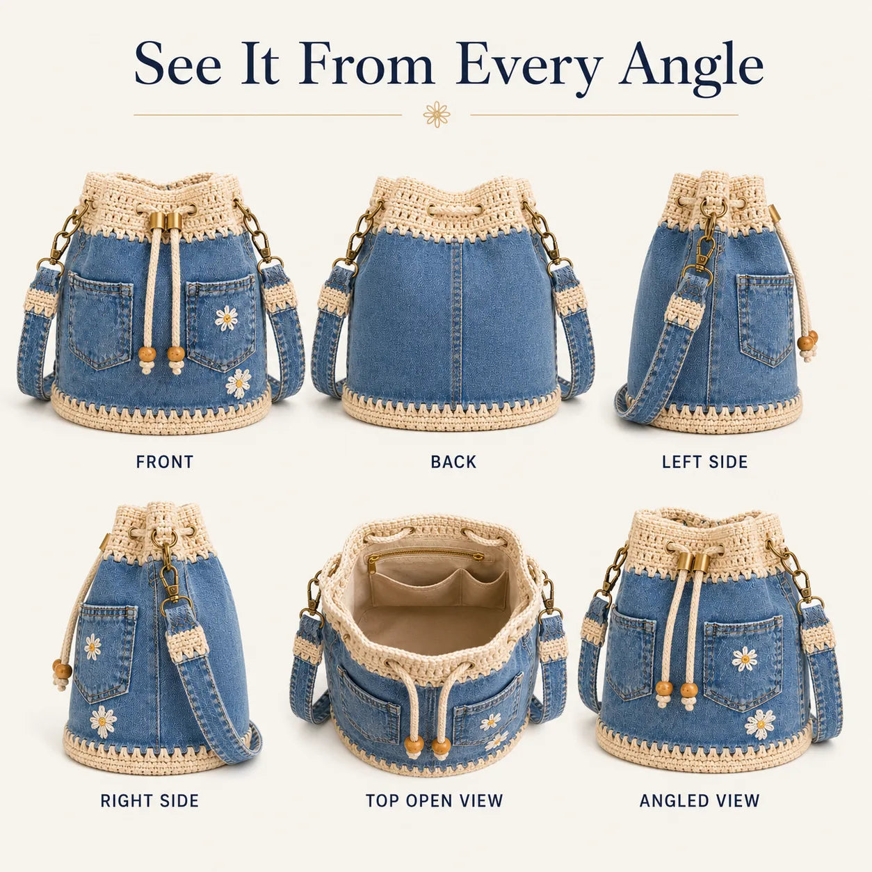 Denim Crochet Daisy Drawstring Bucket Bag – product detail 7