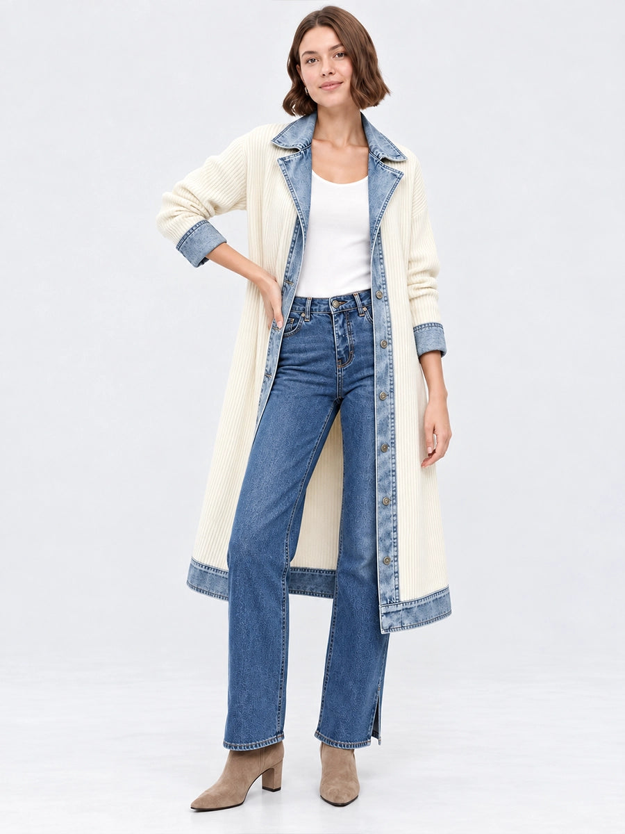 Long Knit Cardigan with Denim-Style Trim
