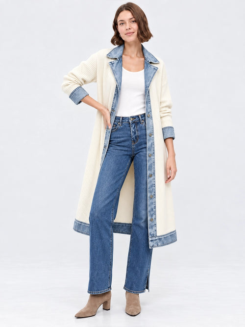 Long Knit Cardigan with Denim-Style Trim