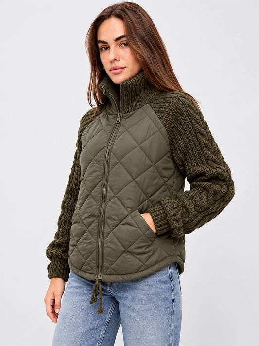 Quilted Jacket with Knit Sleeves for Casual Cold-Weather Layering