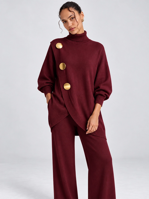 Women's Asymmetrical Button Knit Top and Pants Set