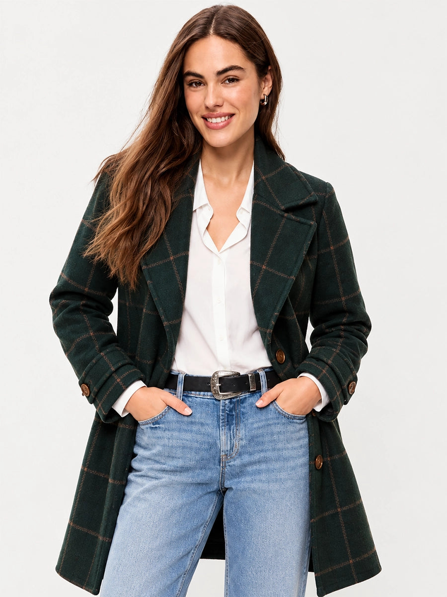 Women’s Plaid-Look Long Coat for Cool-Weather Outfits