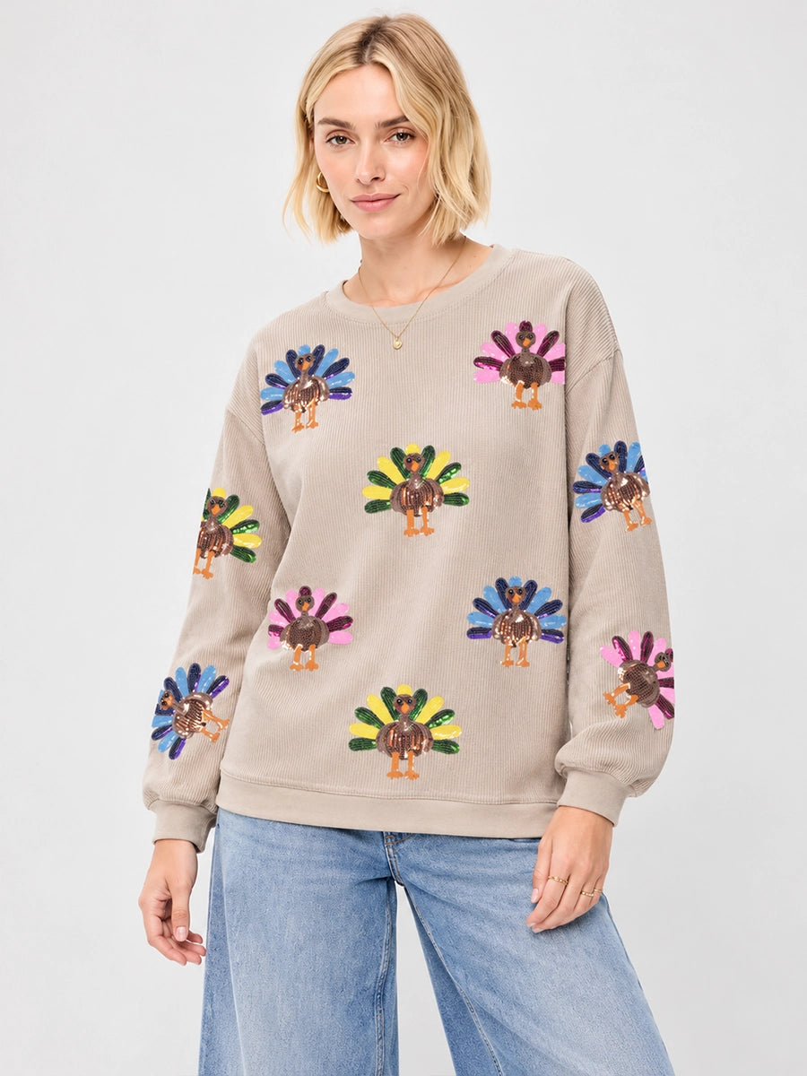 Sequin Turkey Graphic Ribbed Sweatshirt