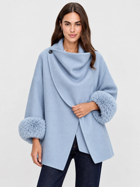 Asymmetric Draped Jacket with Plush Faux Fur Cuffs