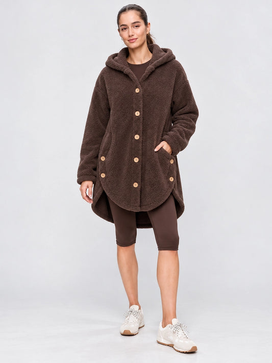 Women’s Asymmetric-Button Plush-Look Hooded Coat