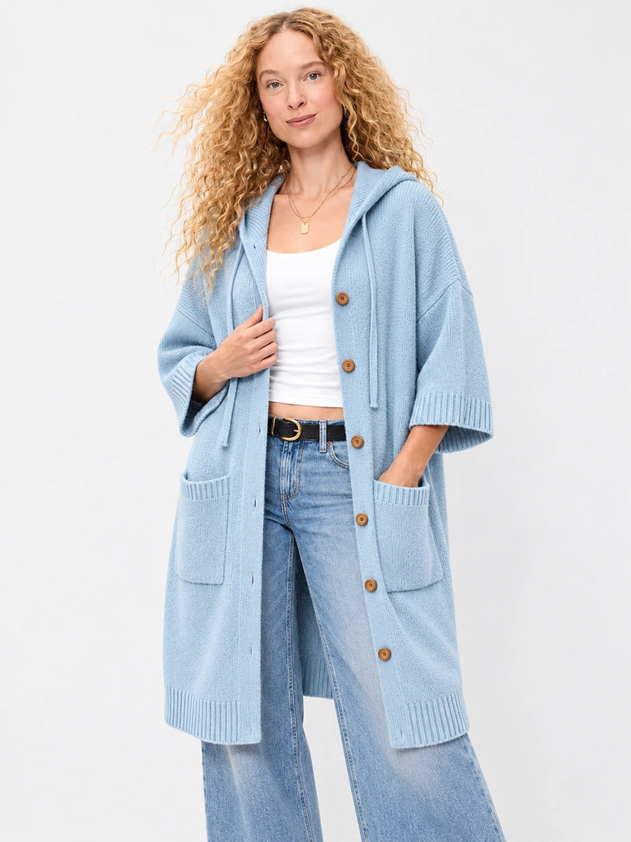 Long Hooded Button-Front Knit Cardigan with Pockets