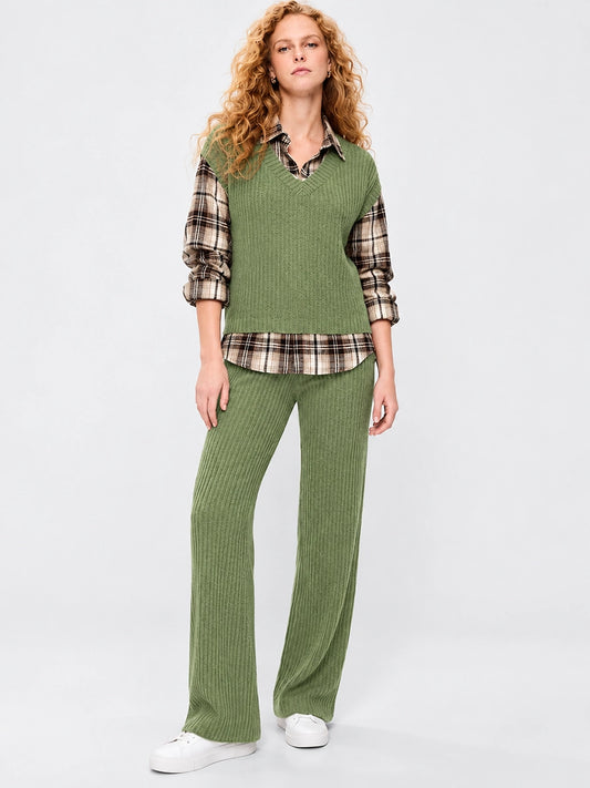 Women's Plaid-Panel Shirt and Wide-Leg Pants Set