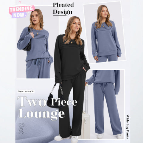 Women's Crew Neck Lounge Set - Soft Cotton Top & Drawstring Pants