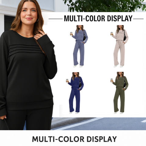 Women's Crew Neck Lounge Set - Soft Cotton Top & Drawstring Pants