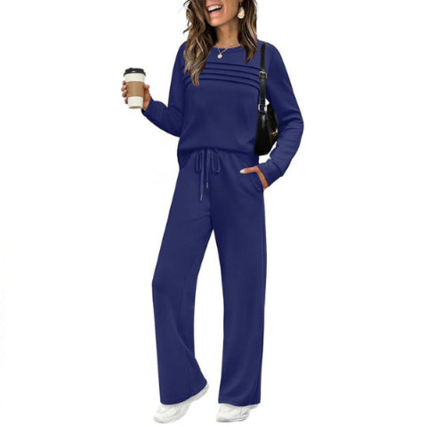 Women's Crew Neck Lounge Set - Soft Cotton Top & Drawstring Pants