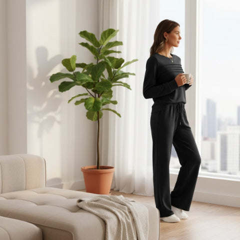 Women's Crew Neck Lounge Set - Soft Cotton Top & Drawstring Pants