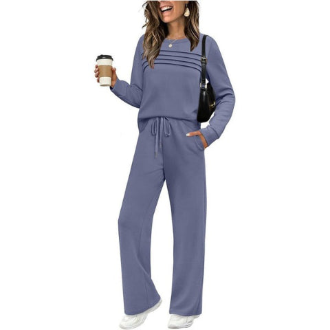 Women's Crew Neck Lounge Set - Soft Cotton Top & Drawstring Pants