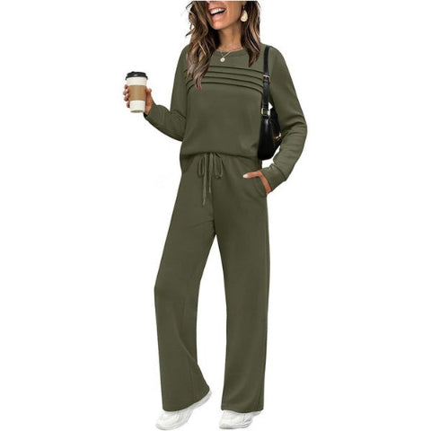 Women's Crew Neck Lounge Set - Soft Cotton Top & Drawstring Pants