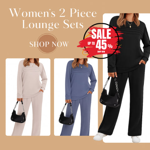 Women's Crew Neck Lounge Set - Soft Cotton Top & Drawstring Pants