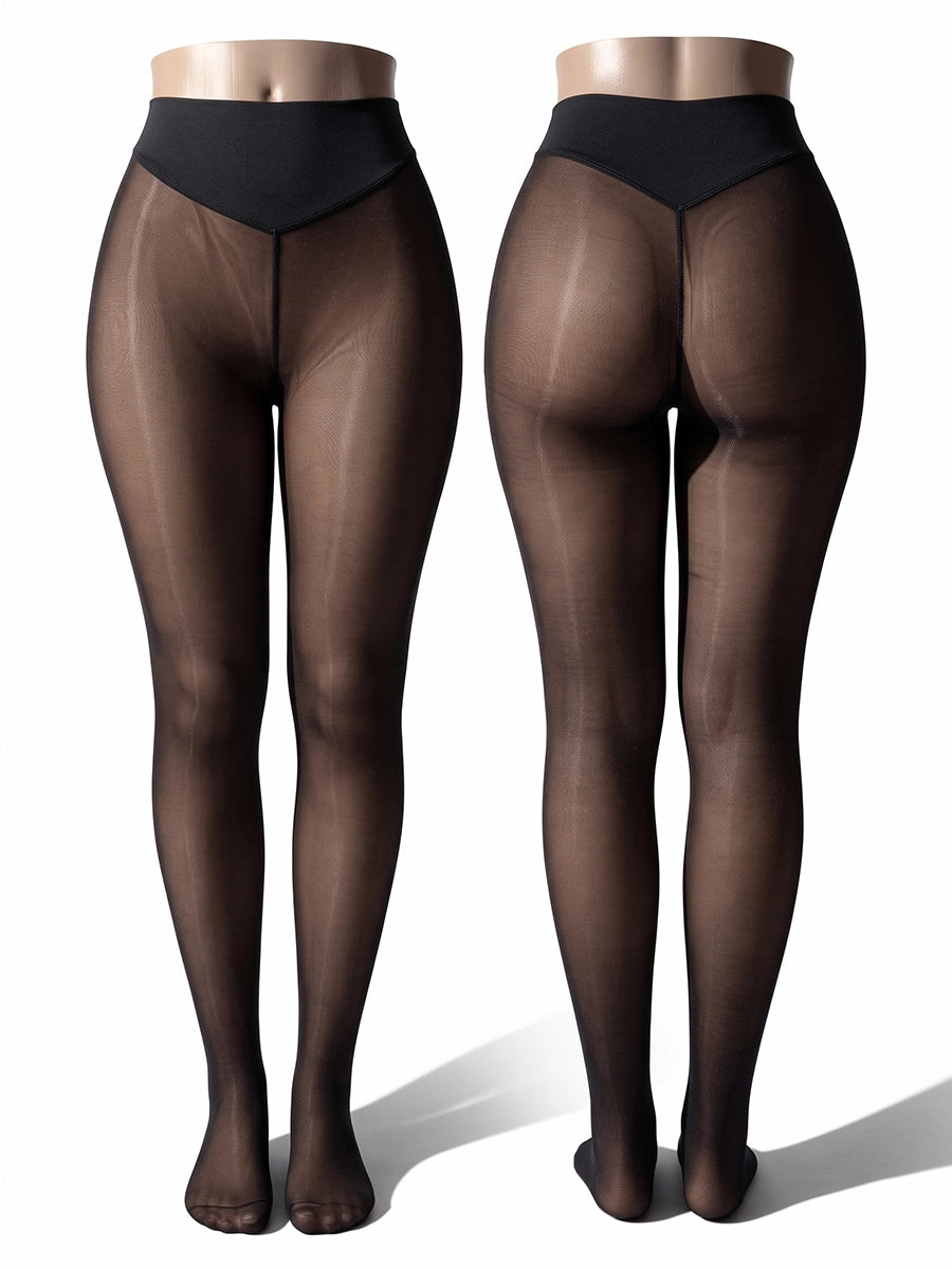 High-Waist Fleece-Lined Faux-Sheer Tights for Winter Outfits