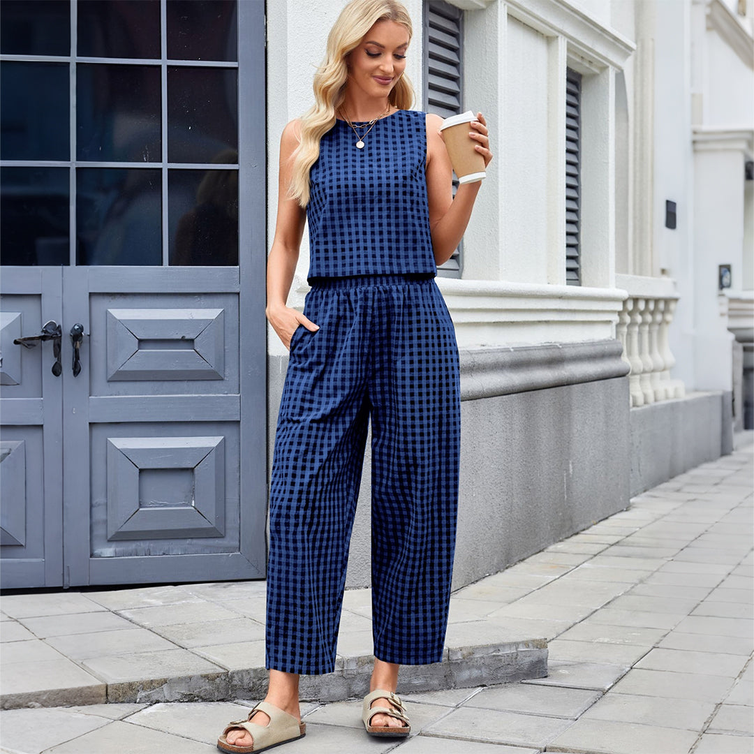 Plaid Sleeveless Top and Pants Set