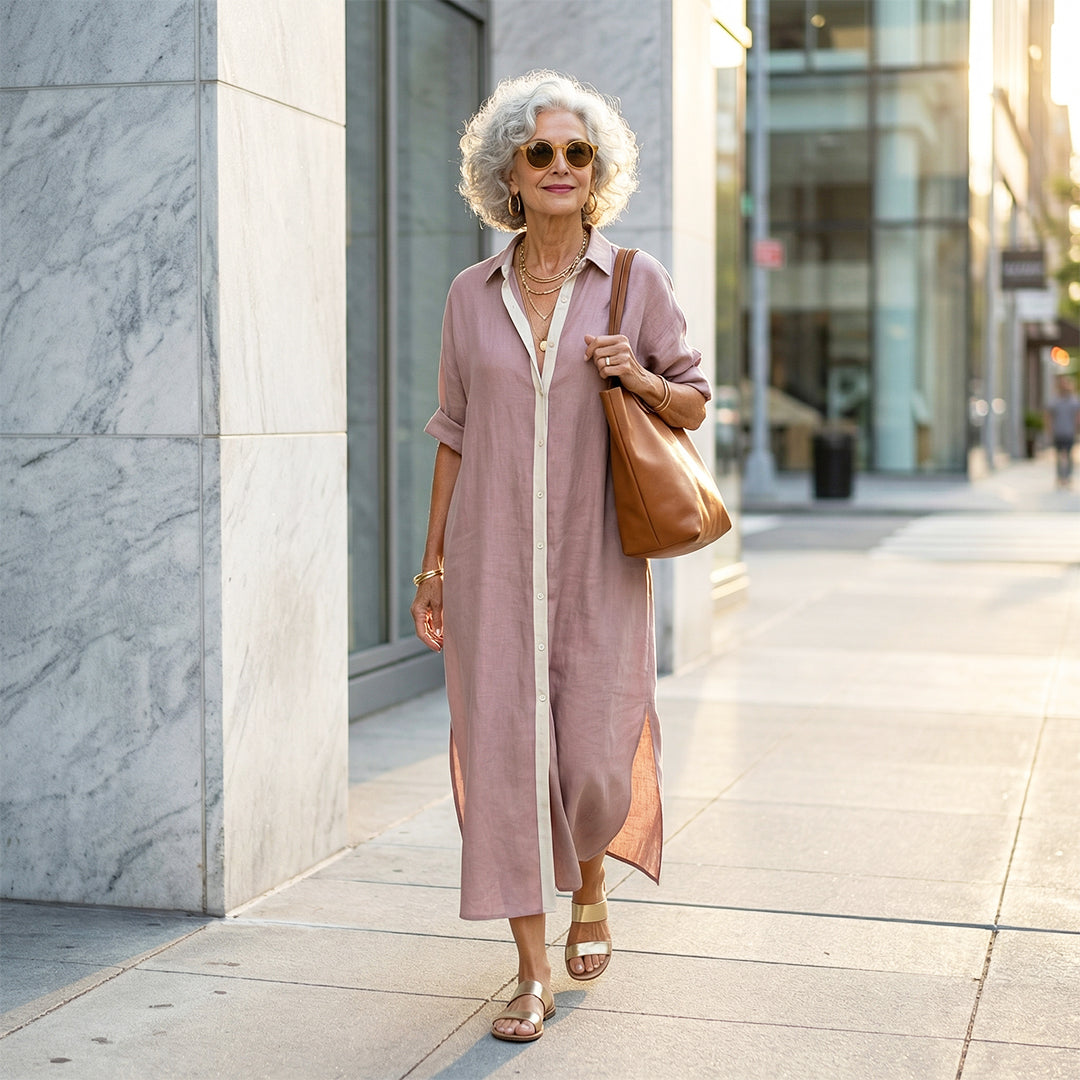 Women's Minimalist Linen Blend Short-sleeved Shirt Maxi Dress