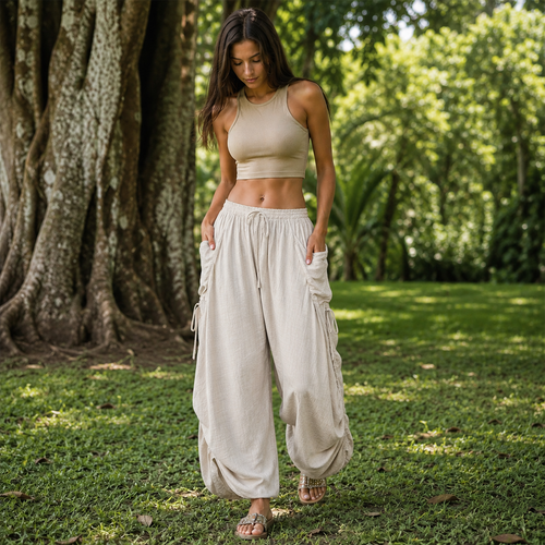 Wide Leg Loose Casual Pants with Waist Tie and Side Pockets