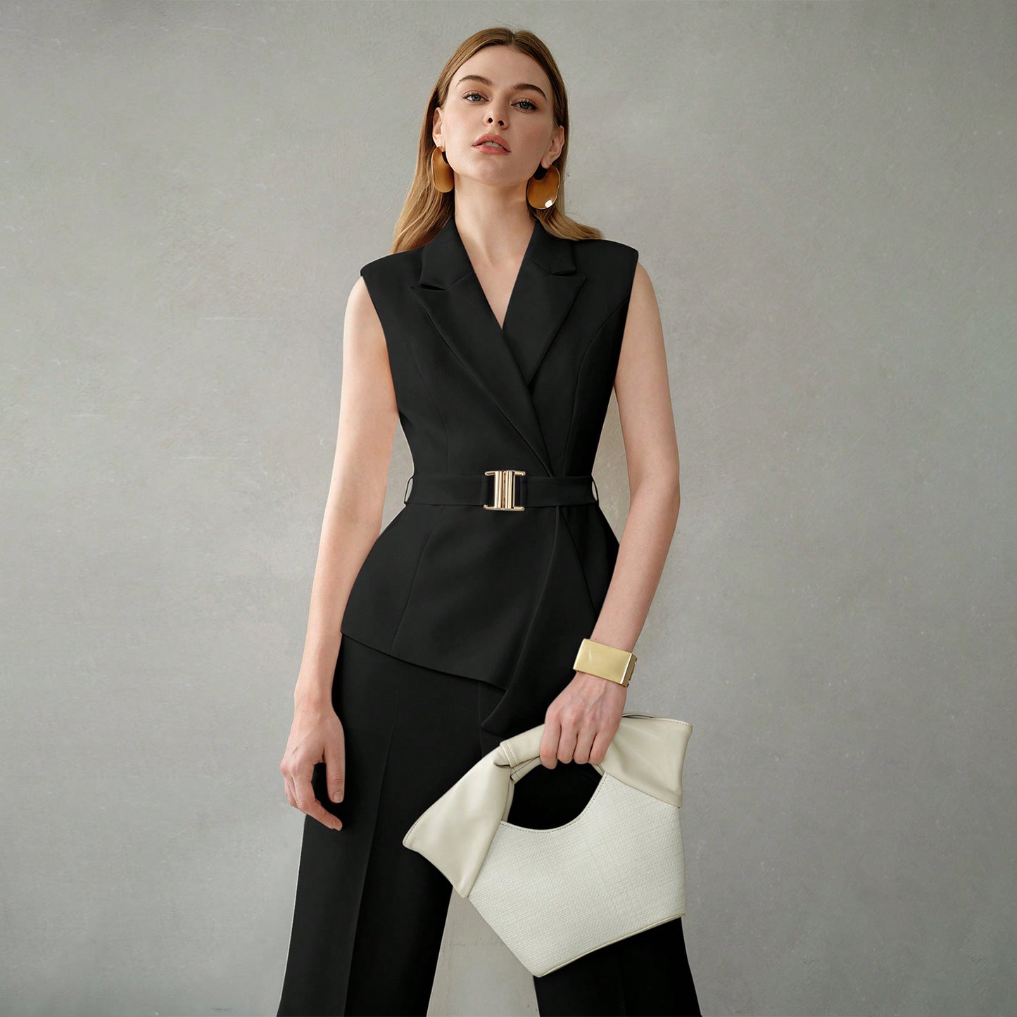 Solid Peak Collar Belted Waistcoat