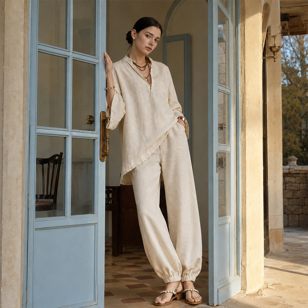 Women's Loose Cotton Linen Set, Asymmetric Hem & Minimalist Style