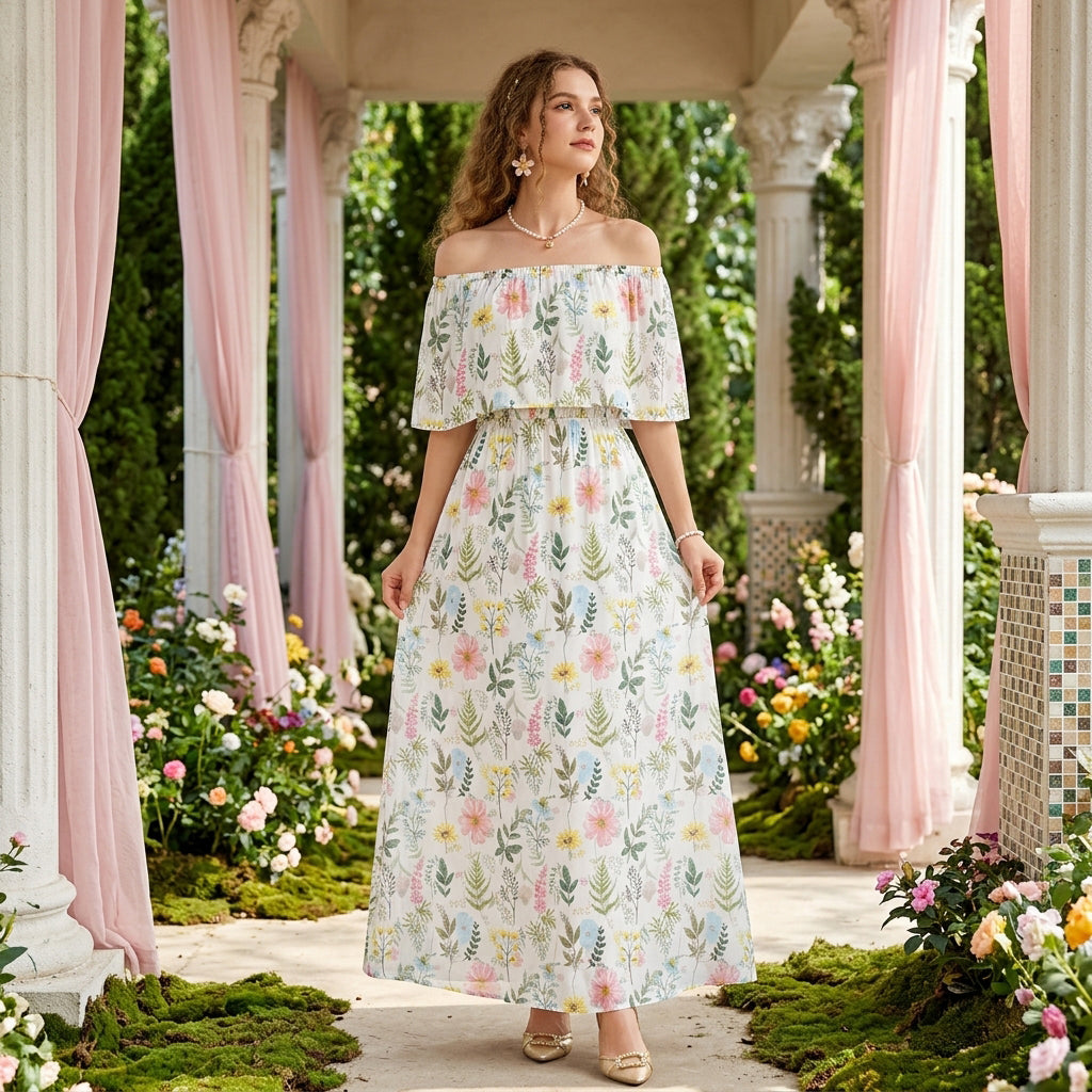 Double-layer Printed Off-the-Shoulder Dress – Slimetica