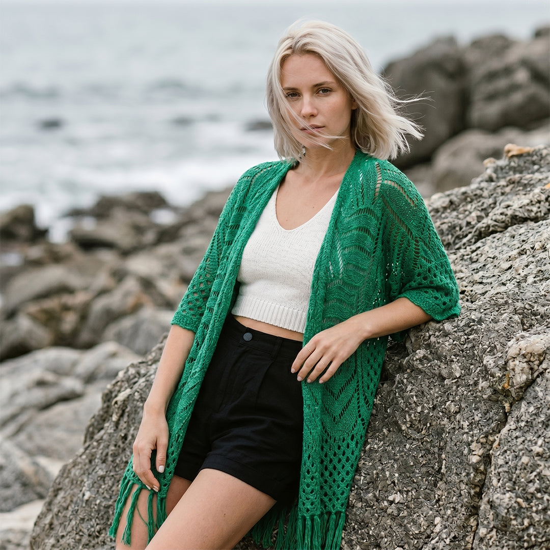 Fishnet Hollow Knit Fringe Cardigan
