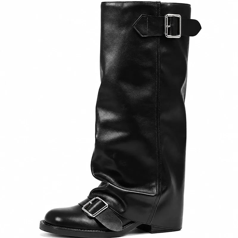 Women’s Round-Toe Buckle Knee-High Rider Boots