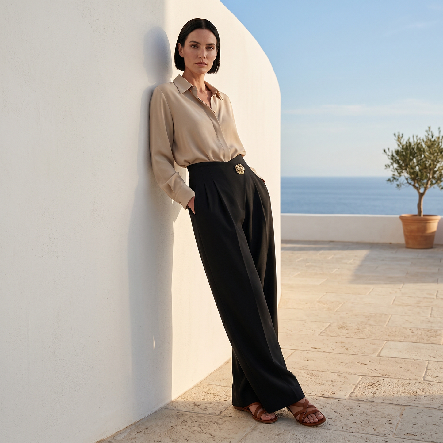 Embellished High-Waist Wide-Leg Pants