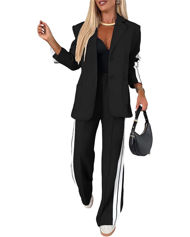 Women’s Two-Piece Blazer & Pants Set – Striped Business Casual Suit