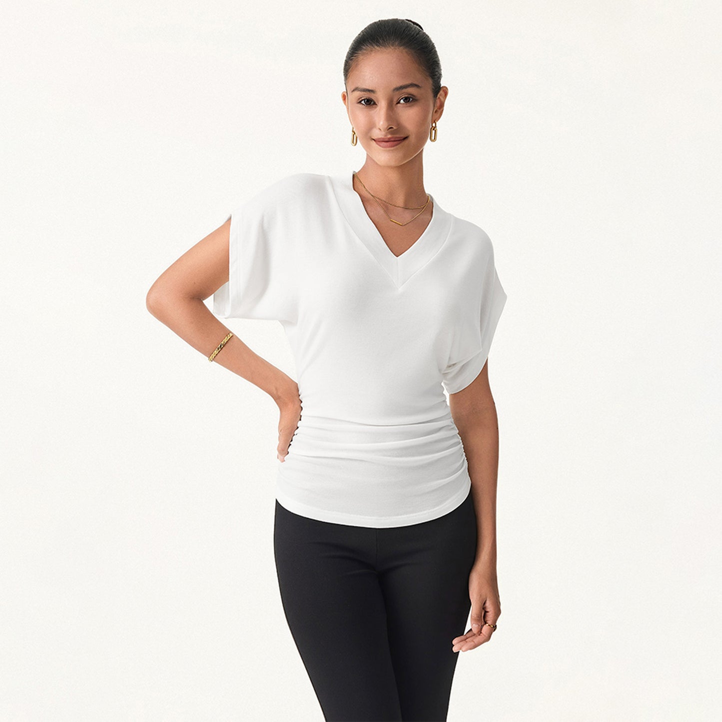 V-Neck Waist-Cinching Ruched T-Shirt