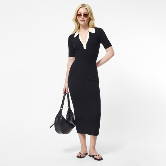Contrast Collar Short Sleeve Knit Maxi Dress