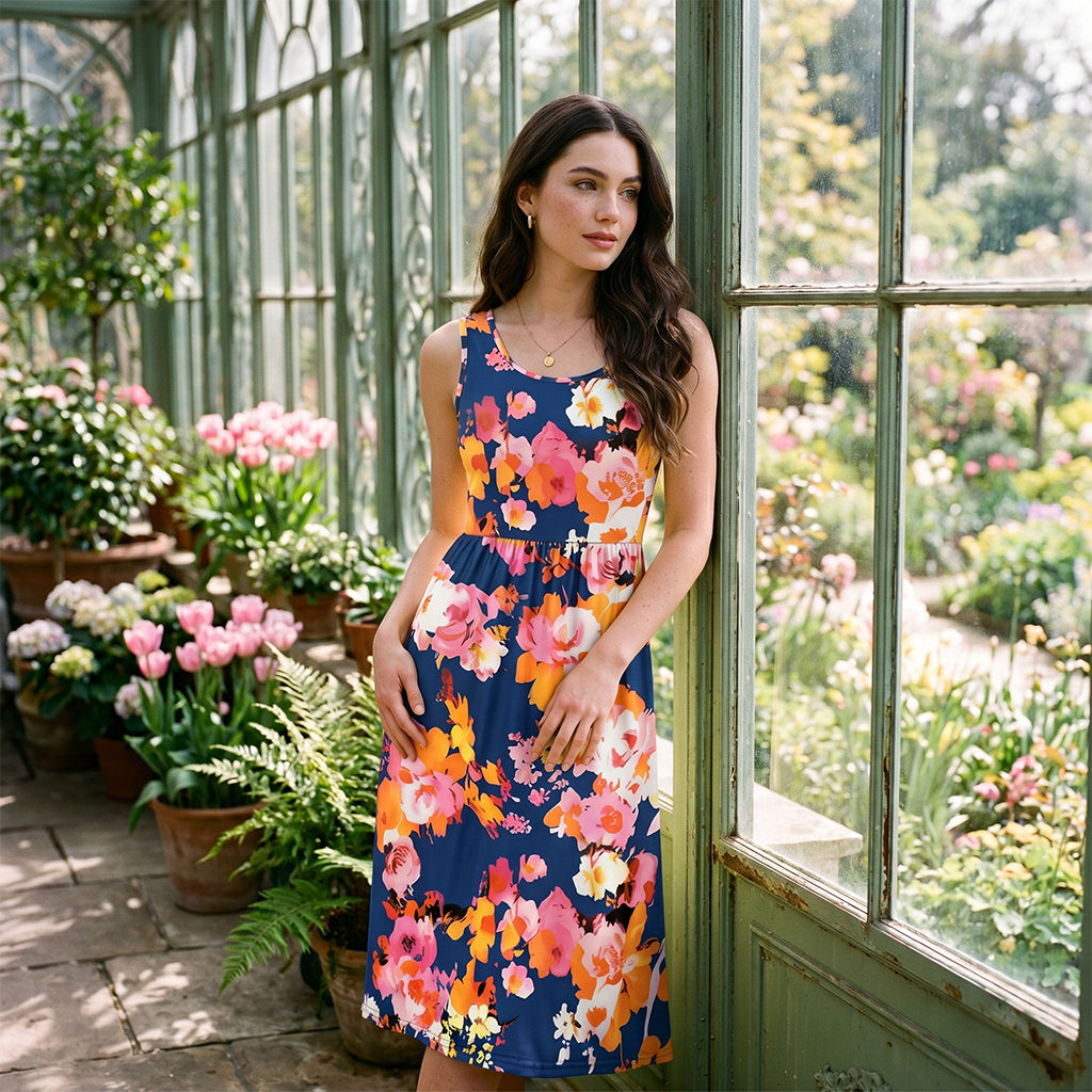 Print Waist Flowy Midi Dress with Pockets